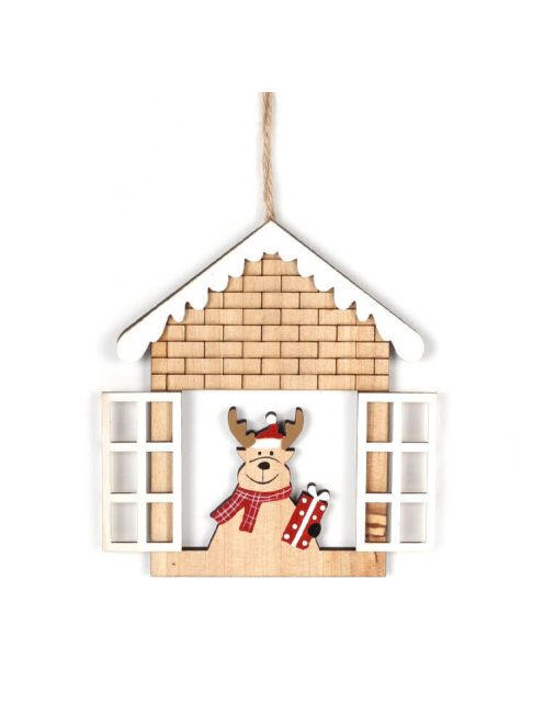 Karácsonyi dekoráció (házikóban rénszarvas, fehér ablakkal)