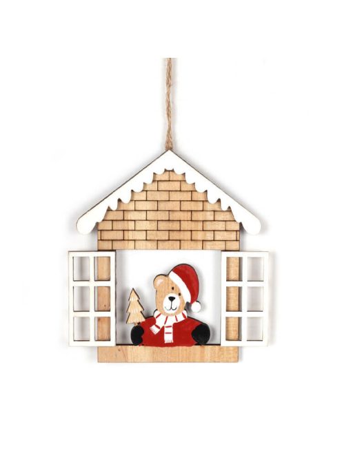 Karácsonyi dekoráció (házikóban maci, fehér ablakkal)