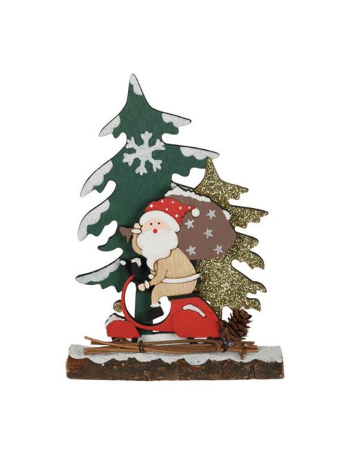 Karácsonyi dekoráció (piros robogós Mikulás és fenyőfák)