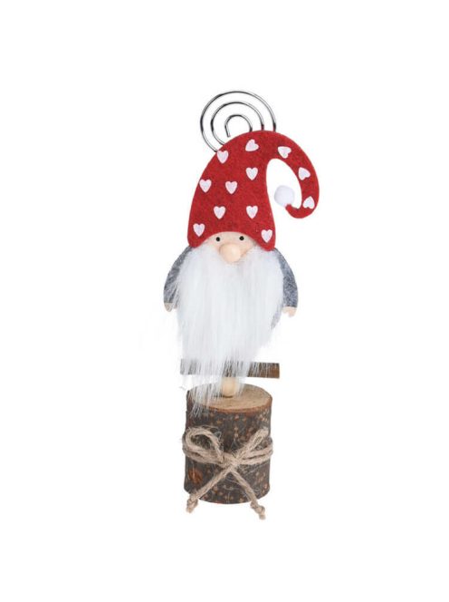 Karácsonyi dekorációs figura (farönkön fehér szivecskés, piros sapkás Mikulás)