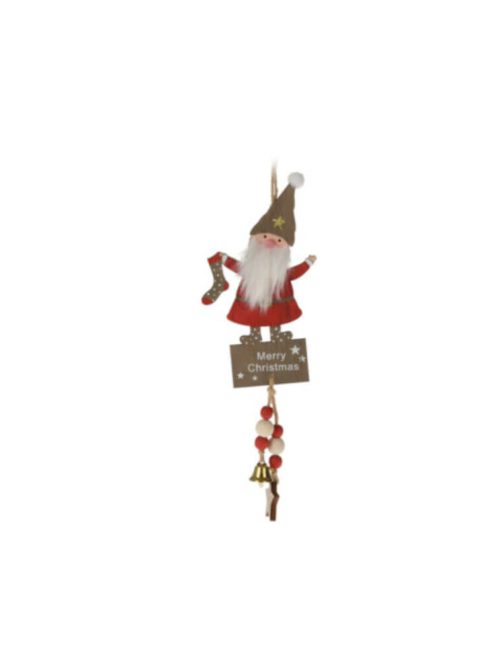 Karácsonyi dekorációs figura (Mikulás csillagos sapkában, kezében zokni)