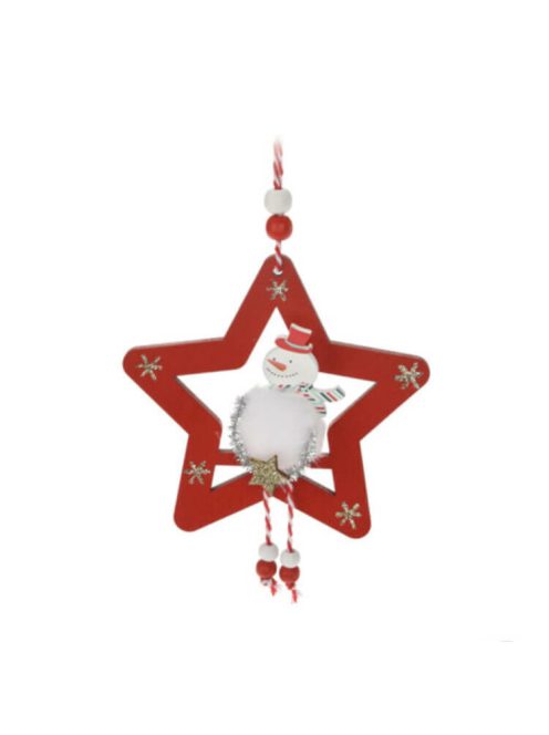 Karácsonyi dekorációs figura (Hóember fehér ruhában arany színű csillaggal, piros csillagban)