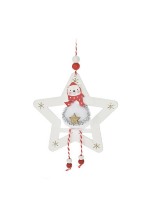 Karácsonyi dekorációs figura (Jegesmedve piros sállal, fehér ruhában arany színű csillaggal, fehér csillagban)