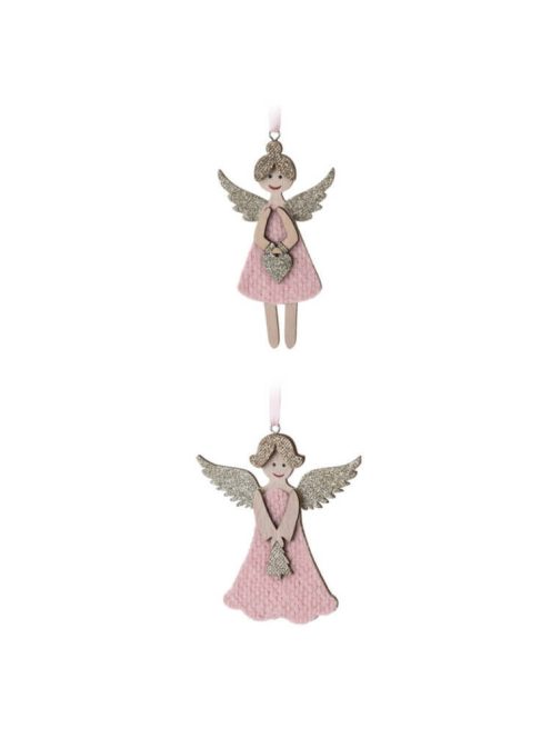 Karácsonyi dekorációs figura, 2 db-os angyal (rózsaszín ruhában arany színű csillámpor díszítéssel)