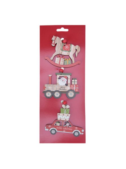 Dekorációs figura (hintaló, mozdony, piros autó ajándékokkal)