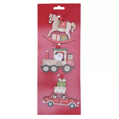 Dekorációs figura (hintaló, mozdony, piros autó ajándékokkal)
