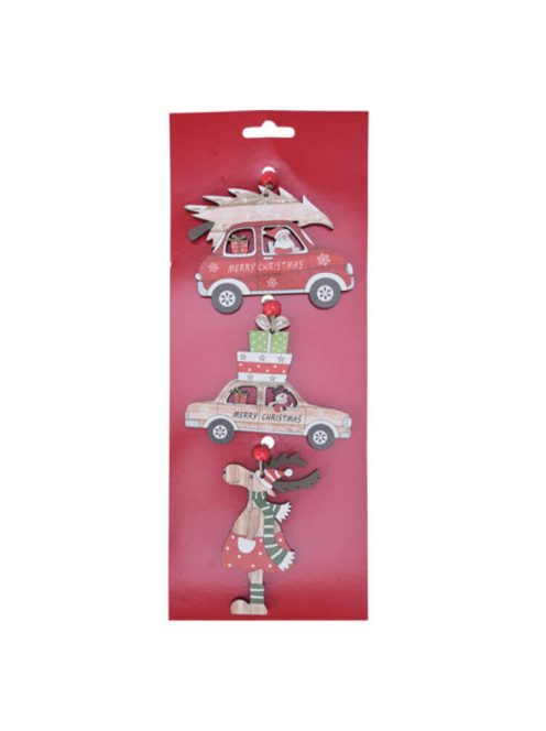 Dekorációs figura (piros autó natúr fenyővel, autó, rénszarvas)