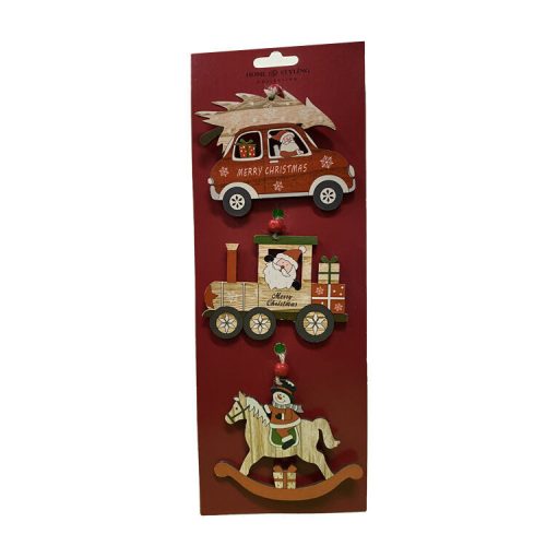 Dekorációs figura (piros autó fenyővel, mozdony, hintaló)