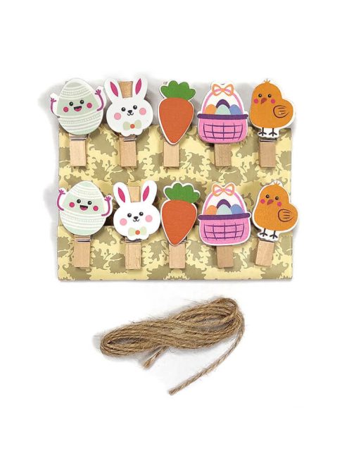 Húsvéti dekorációs csipesz (10 db-os, húsvéti elemek, rózsaszín kiskosárral)