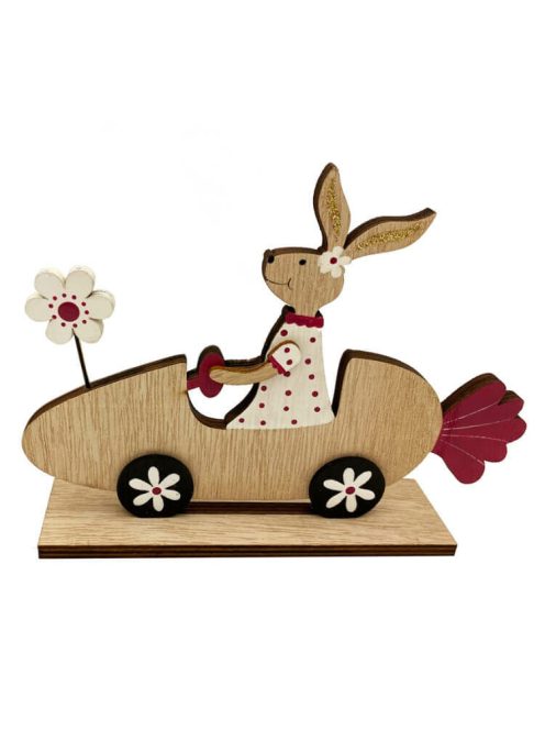 Húsvéti dekorációs figura (répa autóban nyuszi, natúr-pink)