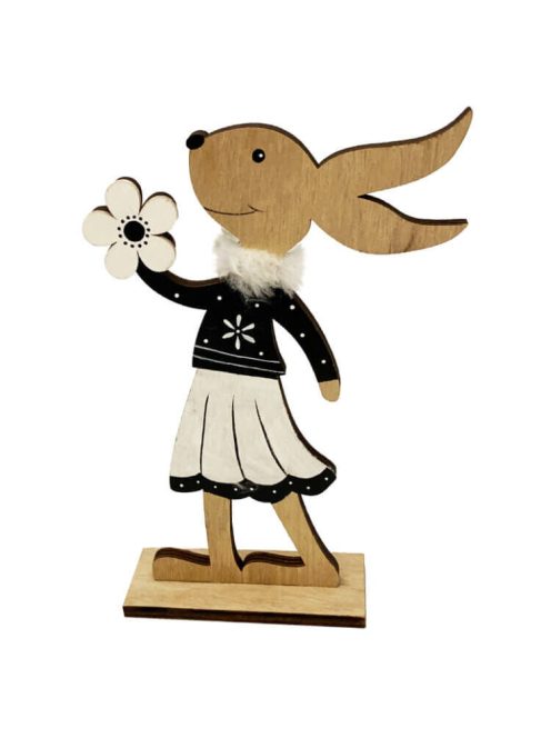 Húsvéti dekorációs figura (nyuszi lány szoknyában, kezében virág, natúr-fekete)