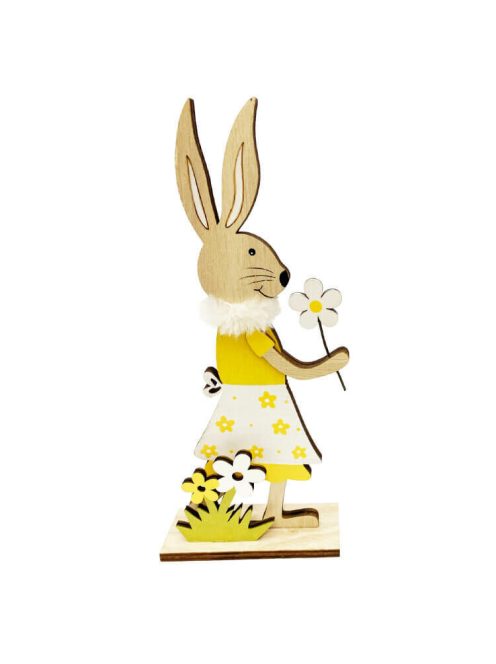 Húsvéti dekorációs figura (nyuszi lány virág mintás szoknyában, virágokkal, natúr-sárga)