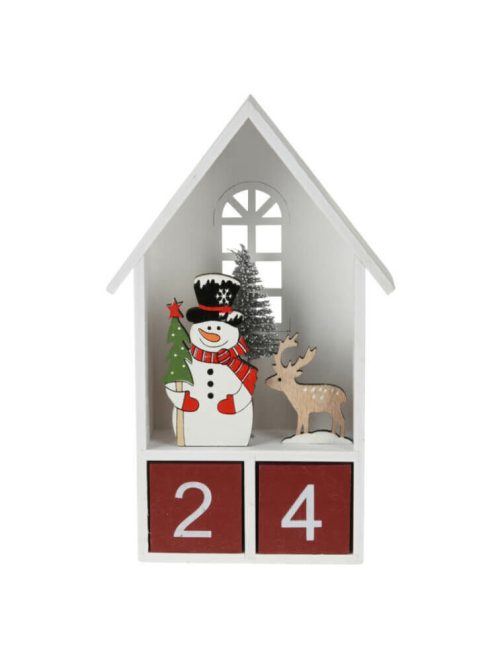 Dekorációs figura, adventi naptár (fehér házikóban hóember, piros számkockákkal)