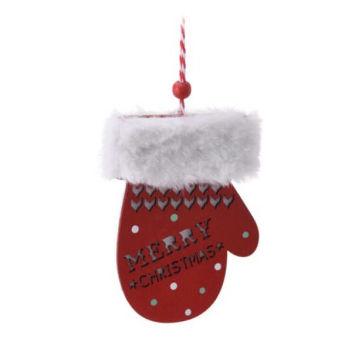Karácsonyi dekorációs figura, piros (kesztyű Merry Christmas felirattal)