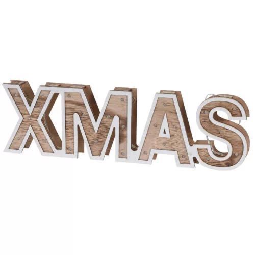 Karácsonyi dekoráció LED világítással natúr színben (XMAS felirat fehér körvonallal)