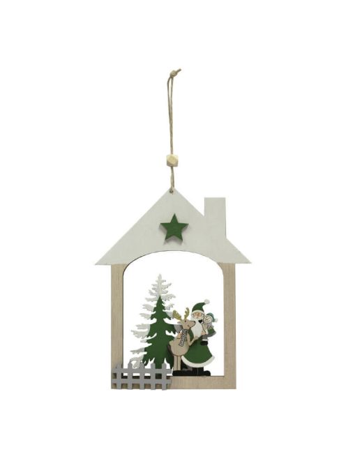 Karácsonyi dekoráció (fehér tetejű házikóban Mikulás és fenyőfa)