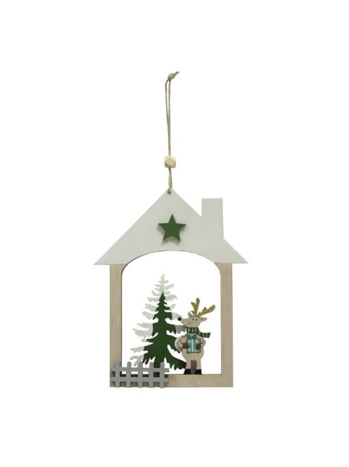 Karácsonyi dekoráció (fehér tetejű házikóban rénszarvas és fenyőfa)