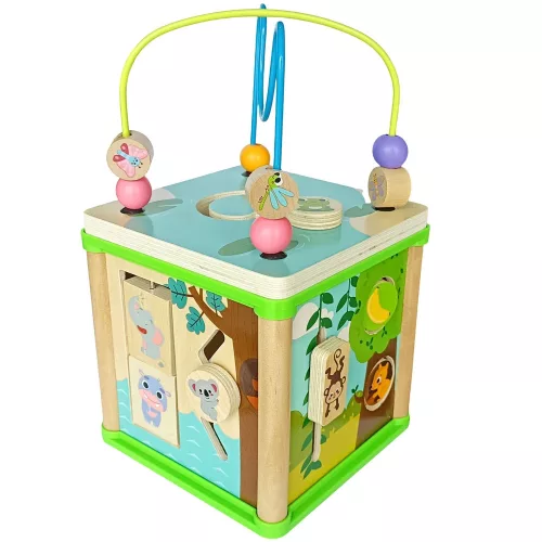 5 játék egyben - dzsungel témájú készségfejlesztő fa játékkocka