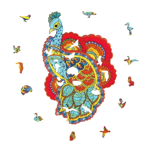 Fa puzzle, színes A5 méretű (páva)
