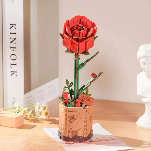 Rowood 3D fa puzzle virág - Rózsa (vörös)