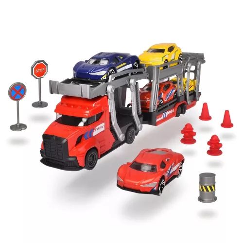 Dickie Toys Autószállító kamion közlekedési táblákkal (piros)