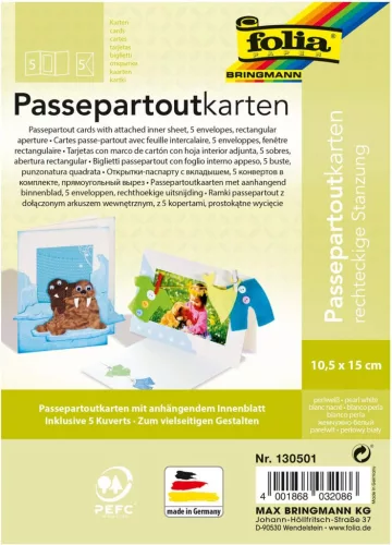 Paszpartu kártya készlet, 220 g/m², 10,5×15 cm, téglalap kivágás, 5 kártya+boríték, gyöngyház fehér - Folia