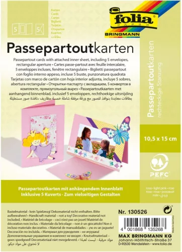 Paszpartu kártya készlet, 220 g/m², 10,5×15 cm, téglalap kivágás, 5 kártya+boríték, halvány rózsaszín - Folia