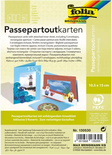 Paszpartu kártya készlet, 220 g/m², 10,5×15 cm, téglalap kivágás, 5 kártya+boríték, égkék - Folia