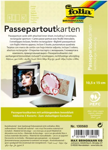 Paszpartu kártya készlet, 220 g/m², 10,5×15 cm, téglalap kivágás, 5 kártya+boríték, ezüst - Folia