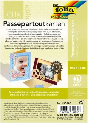 Paszpartu kártya készlet, 220 g/m², 10,5×15 cm, téglalap kivágás, 5 kártya+boríték, arany - Folia