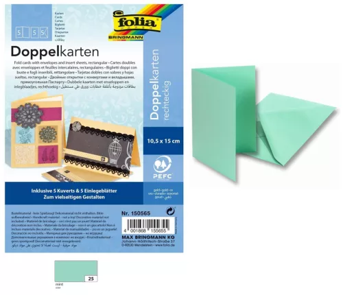Üdvözlőkártya készítő, 220 g/m², 10,5×15 cm, 5 kártya+boríték+betét, menta - Folia