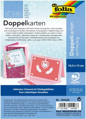 Üdvözlőkártya készítő, 220 g/m², 10,5×15 cm, 5 kártya+boríték+betét, halvány rózsaszín - Folia