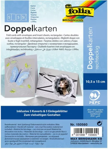 Üdvözlőkártya készítő, 220 g/m², 10,5×15 cm, 5 kártya+boríték+betét, ezüst - Folia