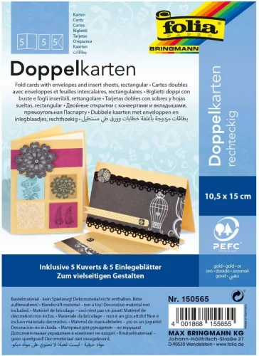 Üdvözlőkártya készítő, 220 g/m², 10,5×15 cm, 5 kártya+boríték+betét, arany - Folia