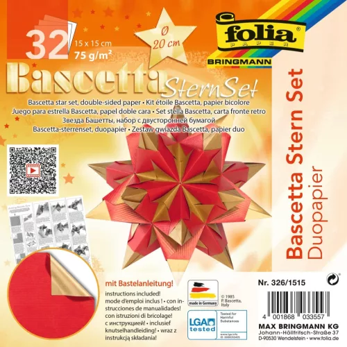 Bascetta csillag készlet, DUO papír, 15x15cm 32 ív/csg, piros/arany