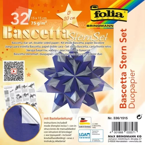 Bascetta csillag készlet, DUO papír, 15x15cm 32 ív/csg, kék/ezüst