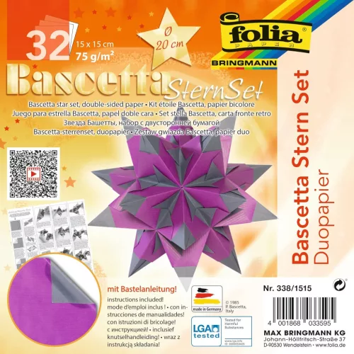 Bascetta csillag készlet, DUO papír, 15x15cm 32 ív/csg, halvány lila/antracit