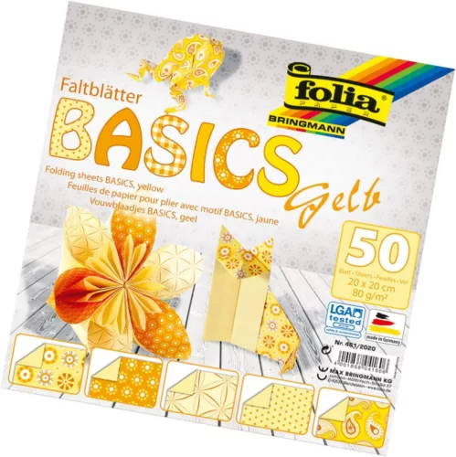 Alap origami papír, sárga, 80g, 20x20cm, 50 ív/csg, 5 válogatott minta - Folia
