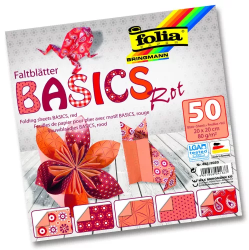 Alap origami papír, piros, 80g, 20x20cm, 50 ív/csg, 5 válogatott minta - Folia