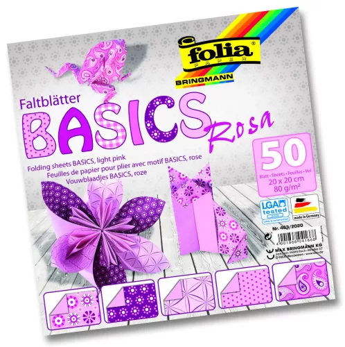 Alap origami papír, világos rózsaszín, 80g, 20x20cm, 50 ív/csg, 5 válogatott minta - Folia