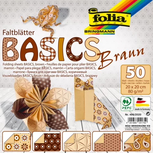 Alap origami papír, barna, 80g, 20x20cm, 50 ív/csg, 5 válogatott minta - Folia