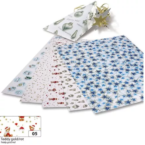 Dekorkarton karácsonyi - maci mintás, 270g/m², 50x70cm 10 ív/csg, arany/piros