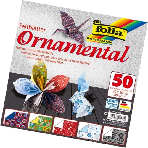 Díszes origami papír, 80g, 20x20cm, 50 ív/csg, 5 válogatott minta - Folia