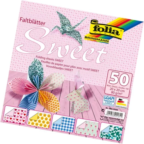 "SWEET" origami papír, 80g, 20x20cm, 50 ív/csg, 5 válogatott minta - Folia