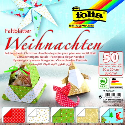 Karácsonyi origami papír, 80g, 20x20cm, 50 ív/csg, 5 válogatott minta - Folia