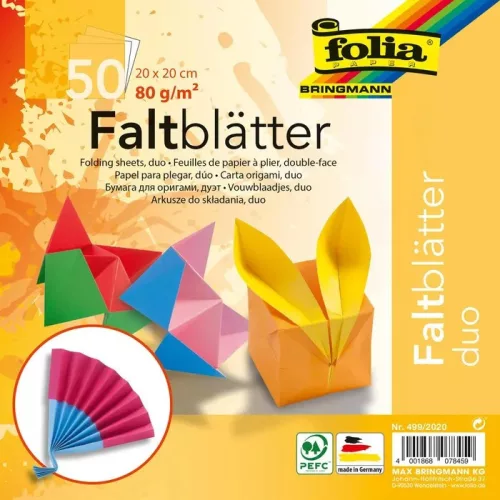 Origami papír DUO, 80g, 20x20cm, 50 ív/csg/csomag, 10 válogatott szín - Folia