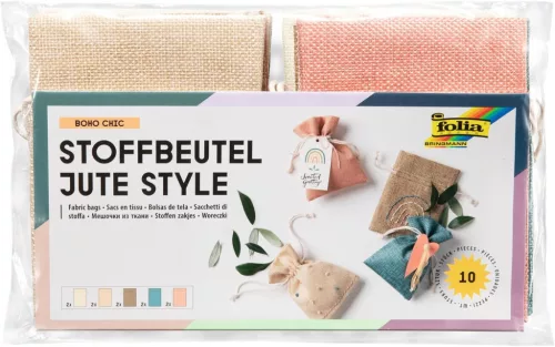 Juta hatású textil tasak BOHO CHIC, 10×13,5 cm, 10 db, vegyes színek - Folia