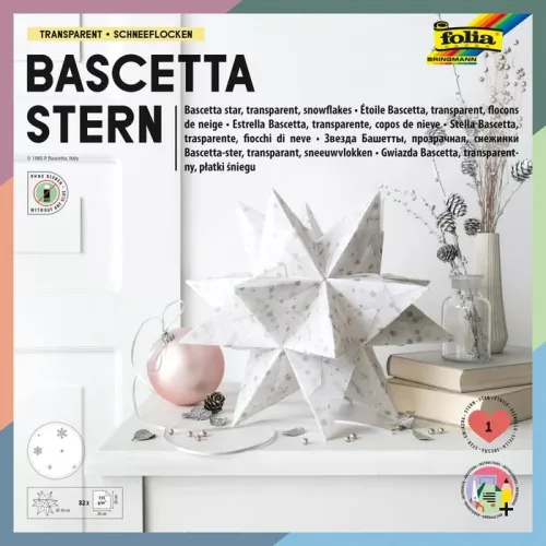 Transzparens Bascetta-csillag, 115g, 20x20cm, 32 ív/csg, fehér/ezüst hópehely - Folia