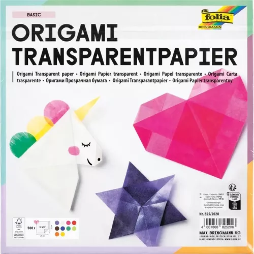 Transzparens origami papír, 42g, 20x20cm, 500 ív/csg, 10 válogatott szín - Folia