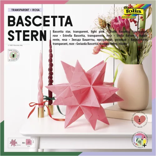 Transzparens Bascetta-csillag, 115g, 20x20cm, 32 ív/csg, rózsaszín - Folia